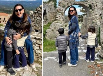 Η Όλγα Κεφαλογιάννη αγκαλιά με τα παιδιά της στον Μυστρά